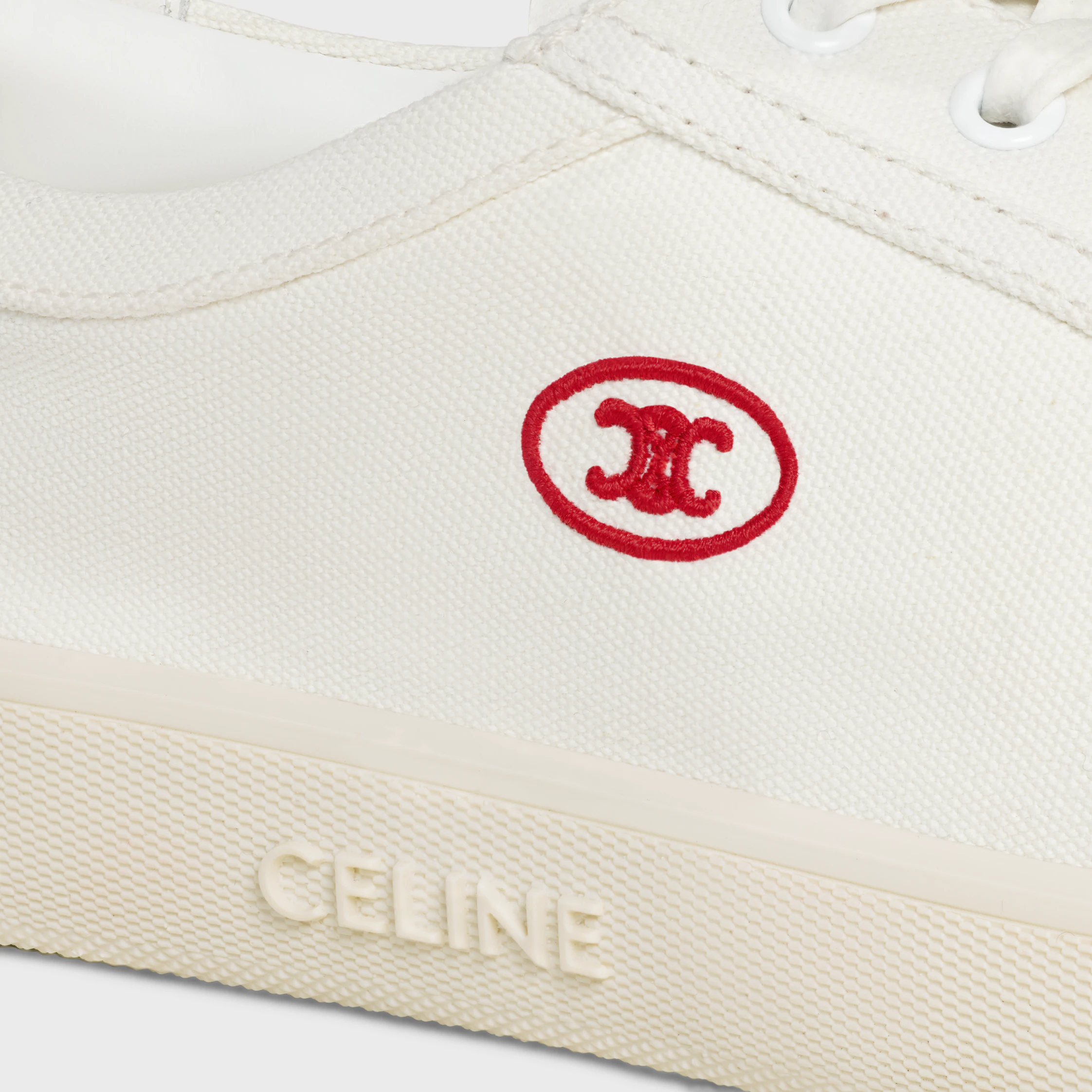 CELINE LOU LÅG LÄDDE SNEAKER MED TRIOMPHE I TYG OCH KALFSLÄDER